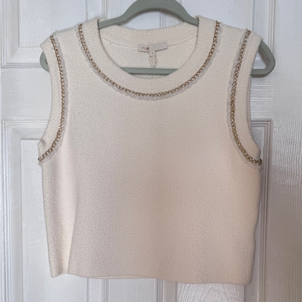 MAJE Elegant New W/Tag Winter White Sleeveless Shell With Gold Chain Trim Size 3
